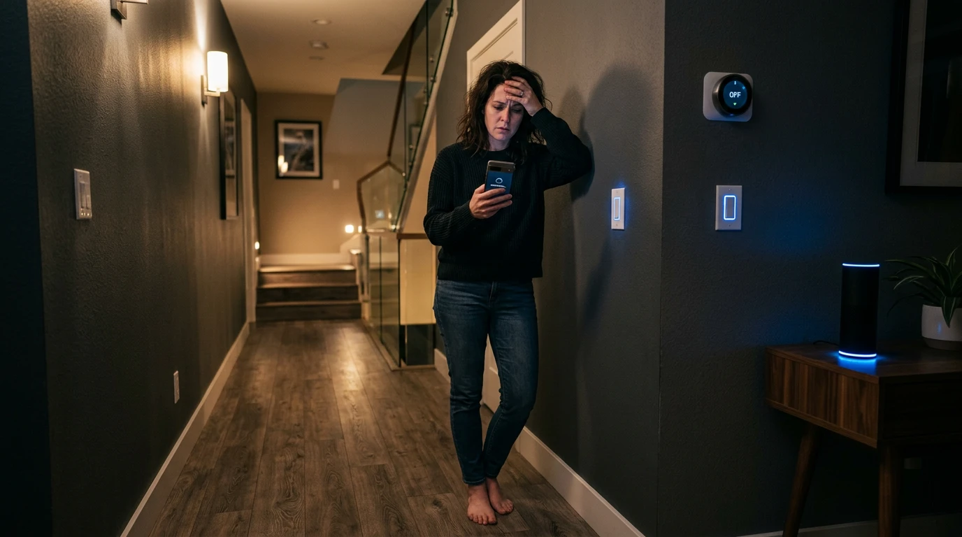 Smart home installation network failure — frustrated homeowner in hallway with unresponsive smart devices