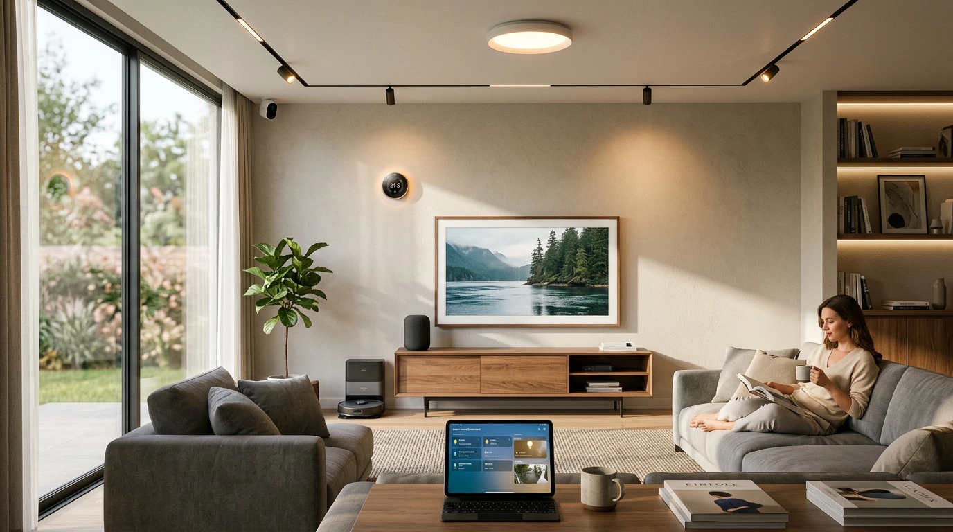 Fully integrated scalable smart home ecosystem with lighting, thermostat, speakers, and security in a modern living room