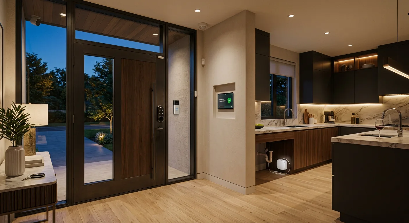 Integrated smart home security system with smart lock, sensors, and perimeter camera at a premium home entrance