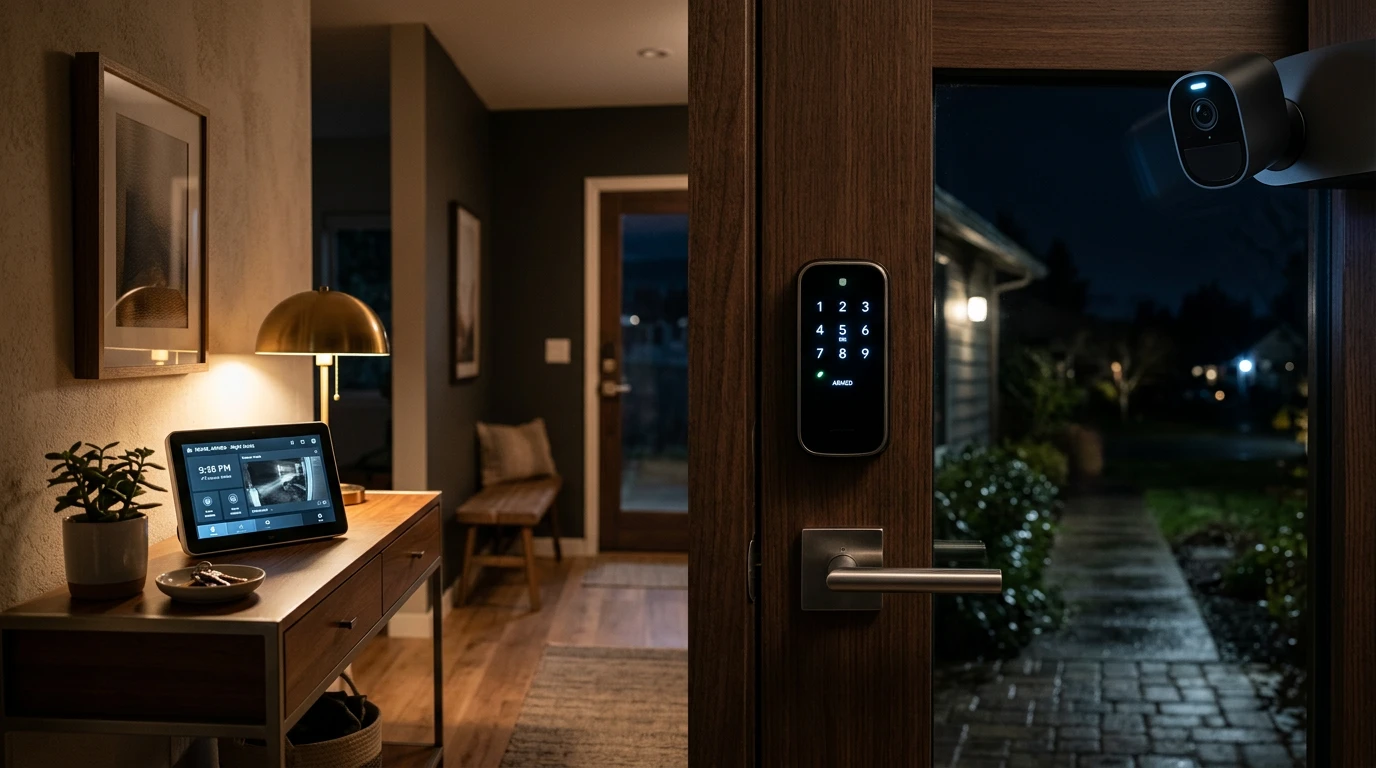 Smart home security system with smart lock, security camera, and central hub in a modern entryway