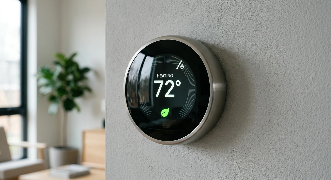 Close-up of a modern smart thermostat displaying an energy-saving leaf icon