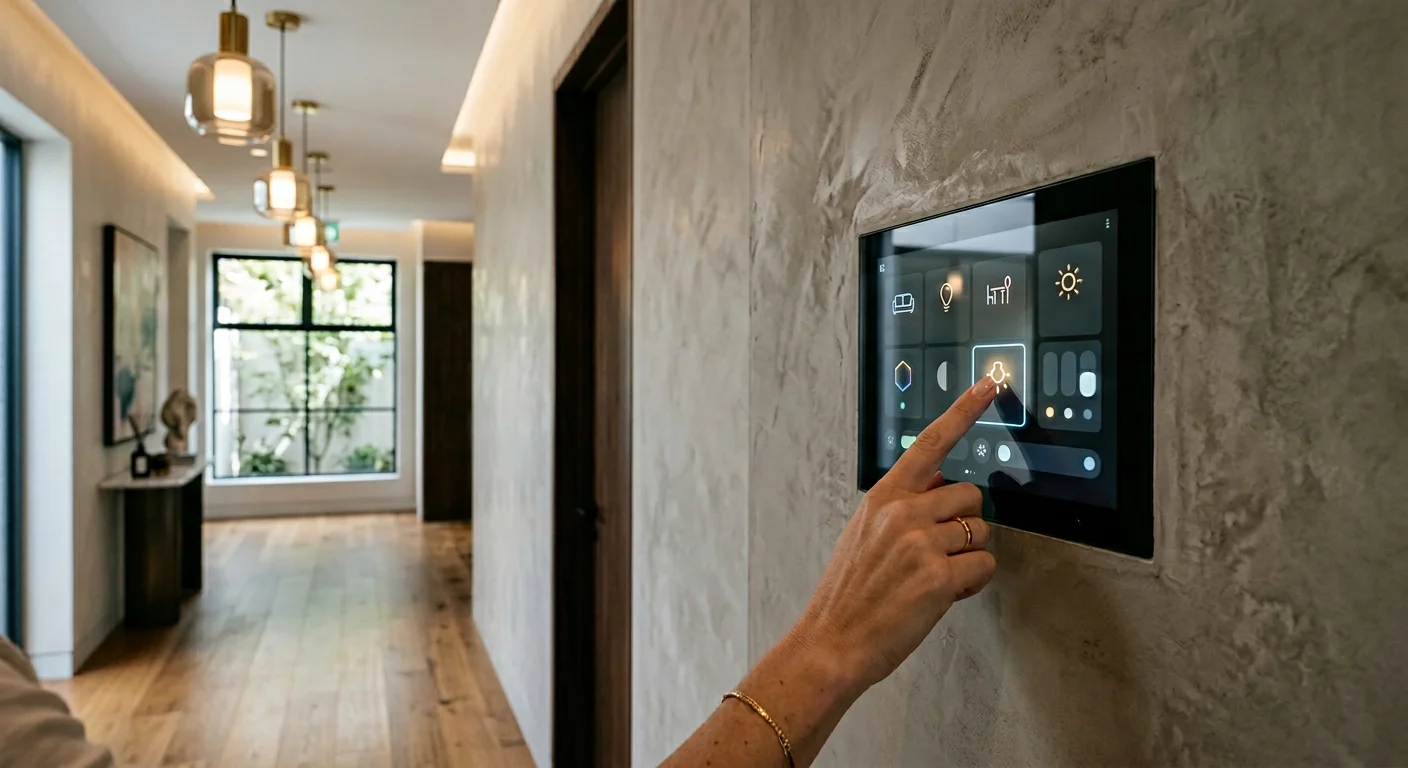 Homeowner using a high-end in-wall touchscreen panel of a managed whole-home automation system with unified lighting and climate control