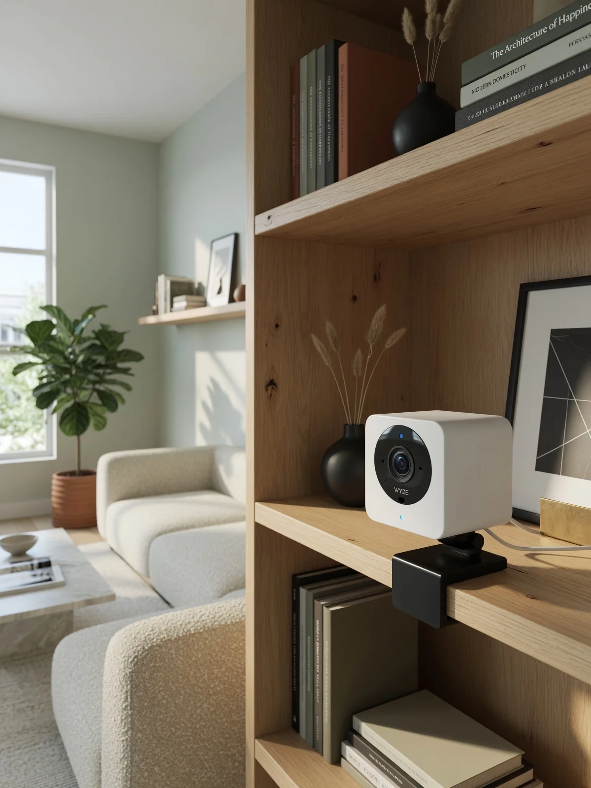 Wyze Cam v2 on bookshelf in modern living room showing the legacy budget security camera