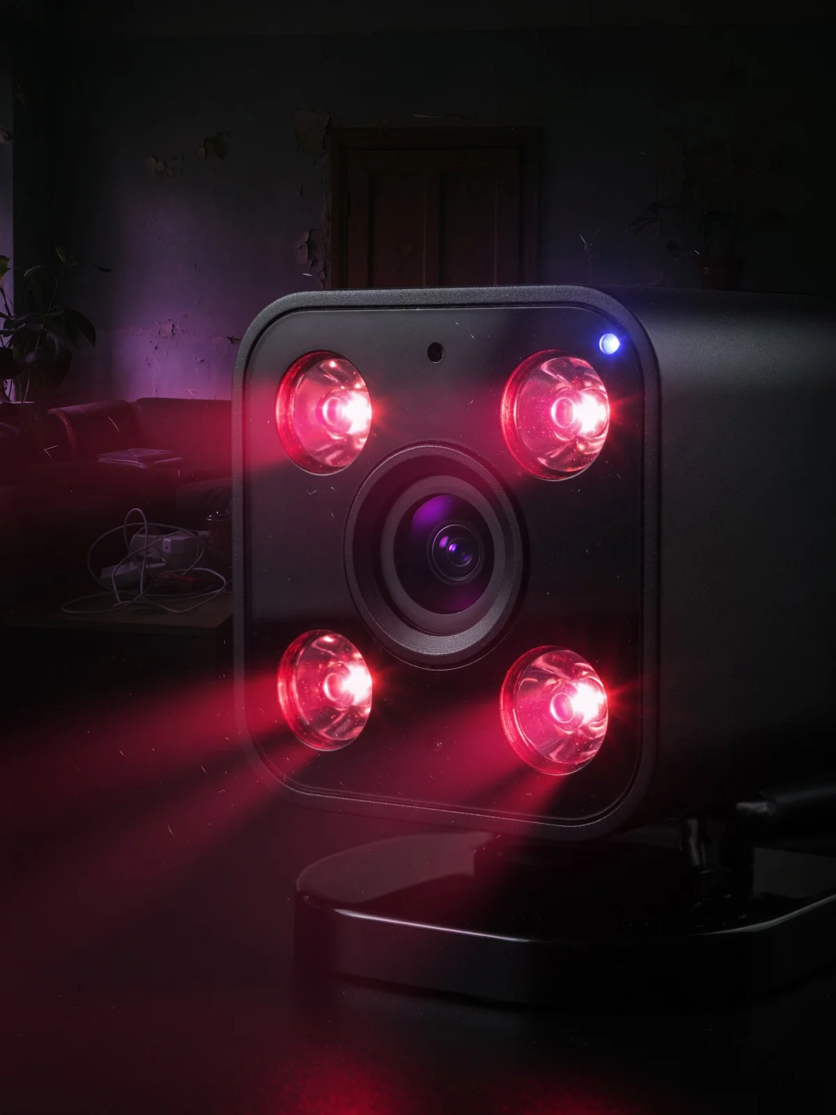 Wyze Cam v2 night vision with infrared LEDs illuminating dark room